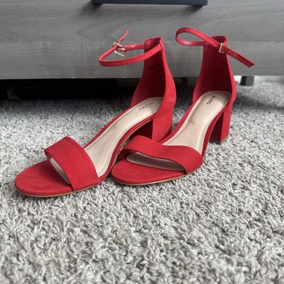 NEW ALDO Red Suede Block Heels Ankle Strap Open Toe Size 9 2.5” Heel - Picture 9 of 11